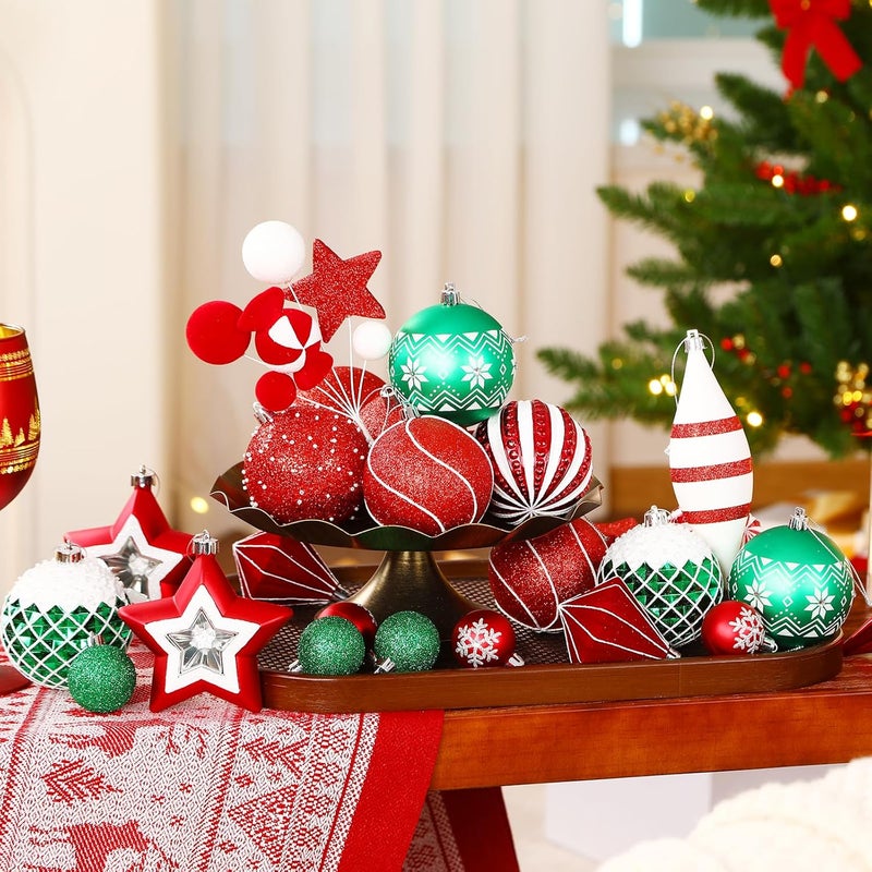 SHareconn 112ct Christmas Tree Balls Ornaments, Colorful Shatterproof Plastic Decorative Baubles for Xmas Tree Decor Holiday Wedding Party Decoration with Hanging Hooks, Red & Green & White - Image 3
